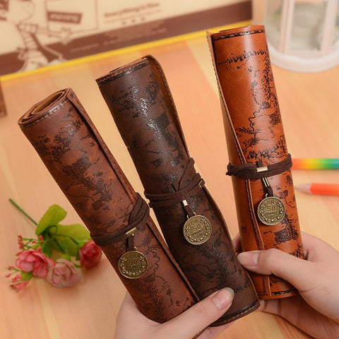 Vintage Retro Treasure Map Pencil Cases Luxury Roll Leather PU Pen Bag Pouch For Stationery School Supplies Make Up Cosmetic Bag